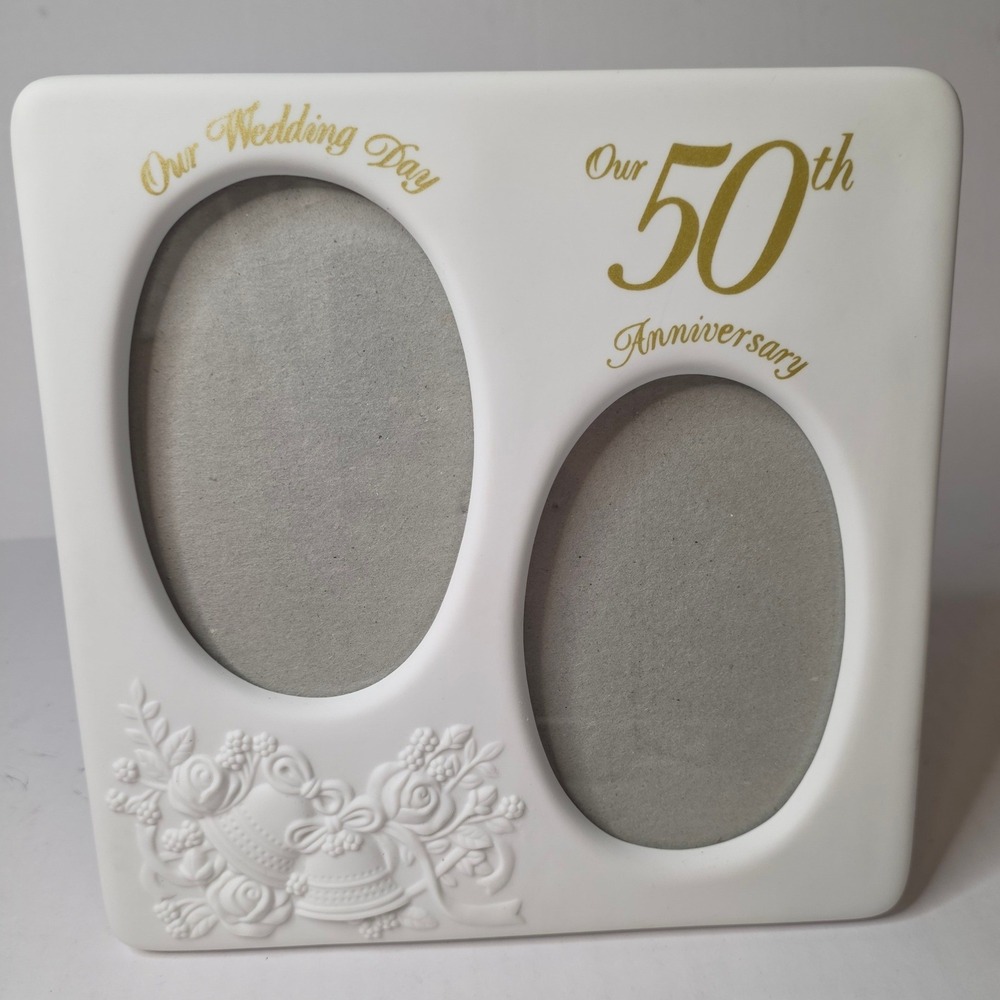 Vintage Russ Berrie 50th Anniversary Double Frame Everlasting Love White Ceramic